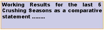 Text Box: Working Results for the last 5 Crushing Seasons as a comparative statement ..